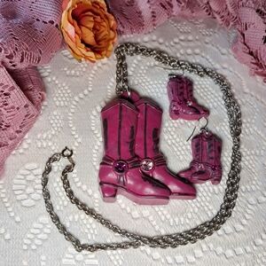 Pink Cowboy Boot Necklace and Earring Set